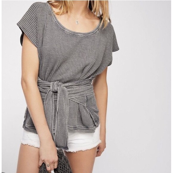 Free People One M Medium Thermal Top Waffle Wrap Tie Cross Cross Gray Beach - Picture 1 of 6